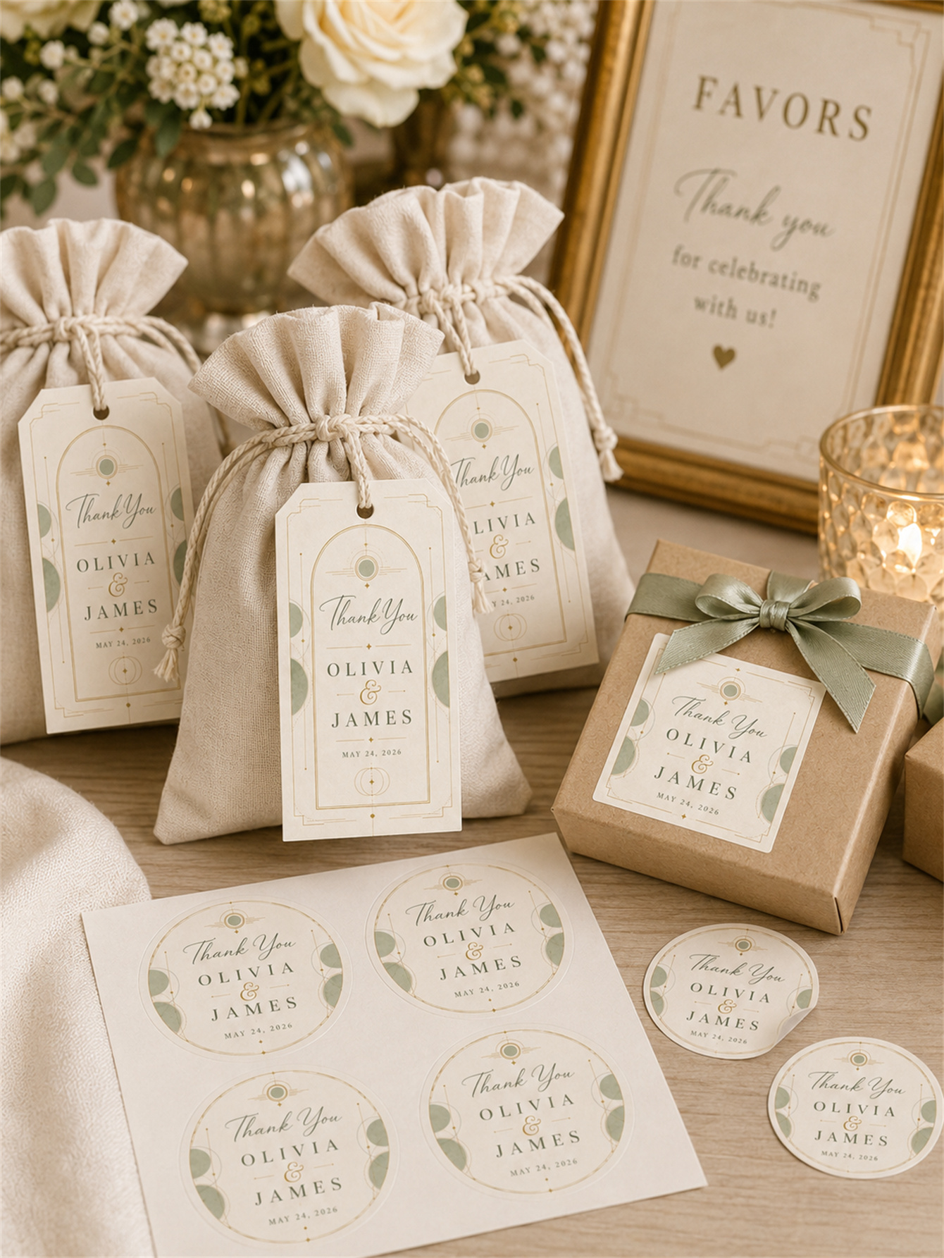 The geometric arch design in sage green and soft gold wedding decorations - a romantic and elegant wedding - customizes names and dates